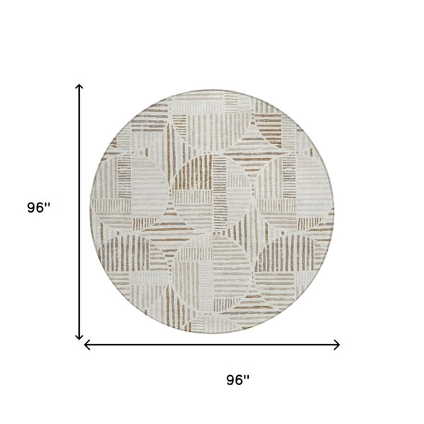 8 Ft Round Geometric Polyester Rug Washable Indoor Outdoor Ivory Graphite Pattern