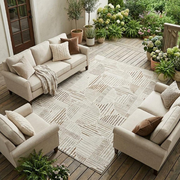 9 X 12 Ivory Graphite Geometric Polyester Area Rug Washable for Indoor Outdoor Use