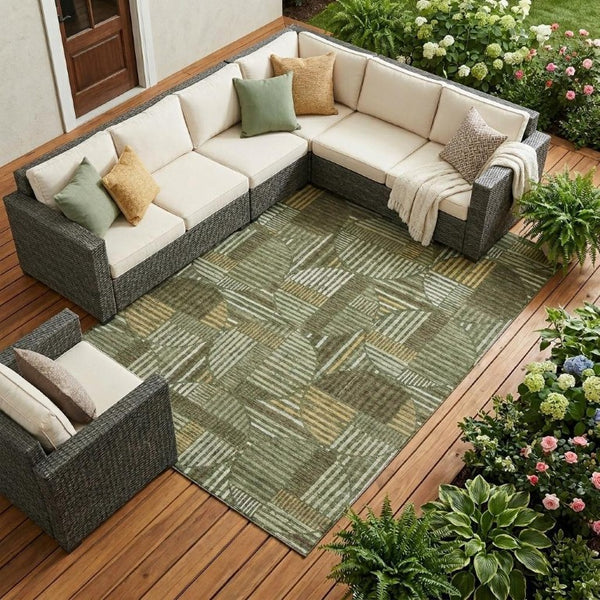 8x10 Olive Khaki Geometric Polyester Area Rug Washable Stain Resistant Indoor Outdoor