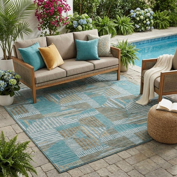5 X 8 Teal Brown Geometric Polyester Area Rug Washable Stain Resistant Indoor Outdoor