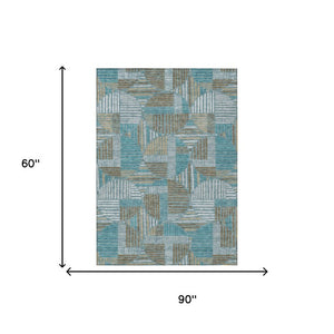 5 X 8 Teal Brown Geometric Polyester Area Rug Washable Stain Resistant Indoor Outdoor