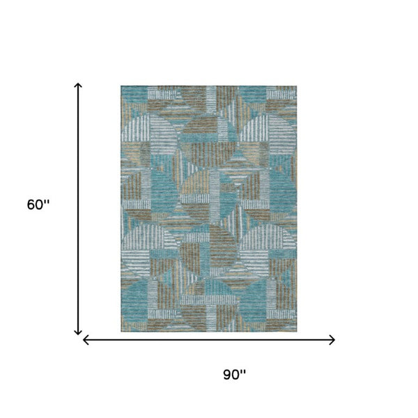 5 X 8 Teal Brown Geometric Polyester Area Rug Washable Stain Resistant Indoor Outdoor