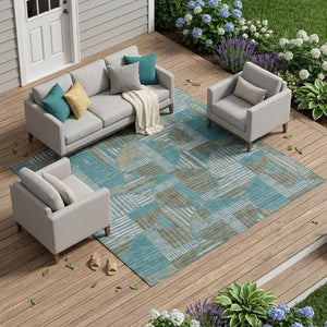 9 X 12 Teal Brown Geometric Polyester Area Rug Washable Stain Resistant Indoor Outdoor