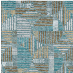 9 X 12 Teal Brown Geometric Polyester Area Rug Washable Stain Resistant Indoor Outdoor