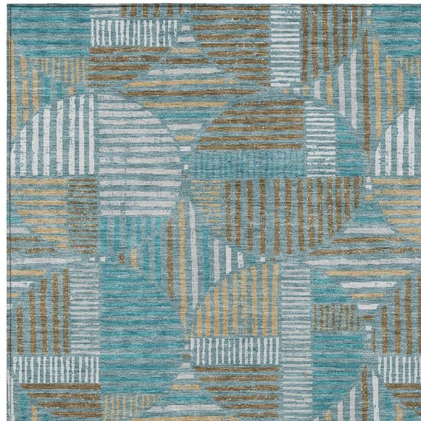 9 X 12 Teal Brown Geometric Polyester Area Rug Washable Stain Resistant Indoor Outdoor