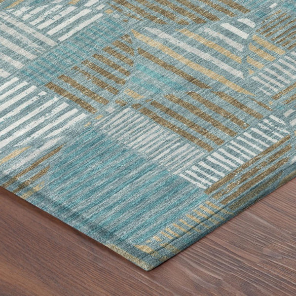 9 X 12 Teal Brown Geometric Polyester Area Rug Washable Stain Resistant Indoor Outdoor