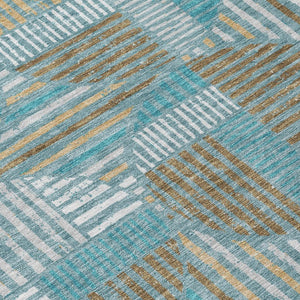 9 X 12 Teal Brown Geometric Polyester Area Rug Washable Stain Resistant Indoor Outdoor