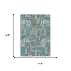 9 X 12 Teal Brown Geometric Polyester Area Rug Washable Stain Resistant Indoor Outdoor