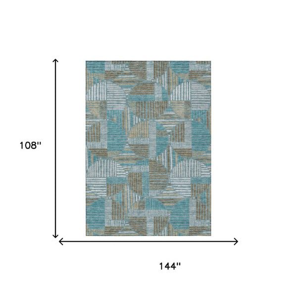 9 X 12 Teal Brown Geometric Polyester Area Rug Washable Stain Resistant Indoor Outdoor