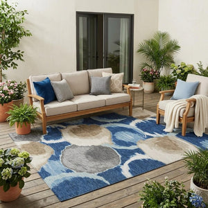 5x8 Abstract Polyester Area Rug Washable Stain Resistant Indoor Outdoor Navy Blue