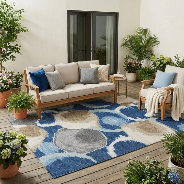 5x8 Abstract Polyester Area Rug Washable Stain Resistant Indoor Outdoor Navy Blue