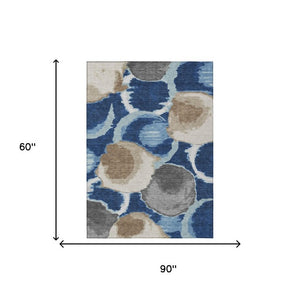5x8 Abstract Polyester Area Rug Washable Stain Resistant Indoor Outdoor Navy Blue