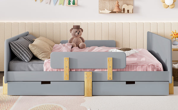 English Elm Twin Low Profile Kids Floor Bed Pine Wood Frame with Safety Rail and Built in Bookshelf Gray W1580P373246