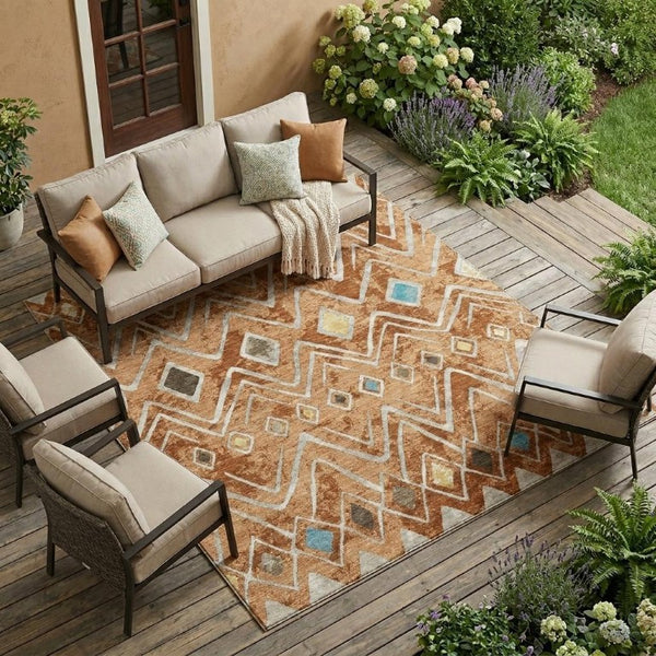 9' X 12' Copper and Taupe Geometric Washable Indoor Outdoor Area Rug
