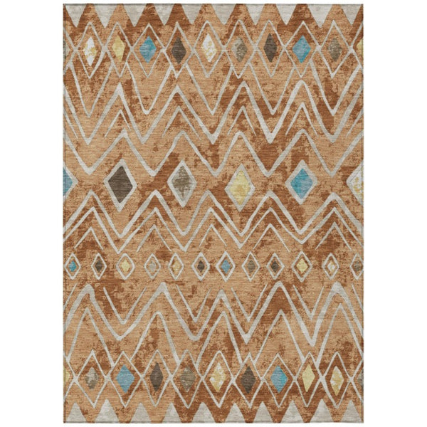 HomeRoots 9' X 12' Copper and Taupe Geometric Washable Indoor Outdoor Area Rug 737186