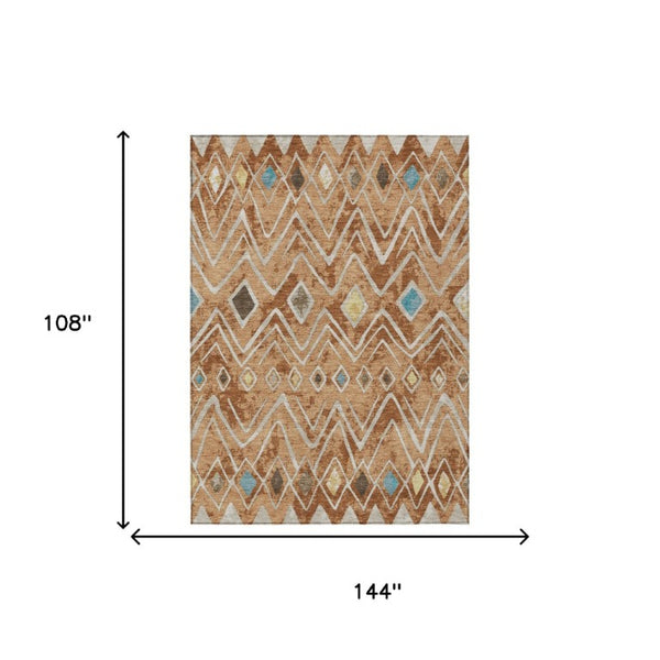 9' X 12' Copper and Taupe Geometric Washable Indoor Outdoor Area Rug