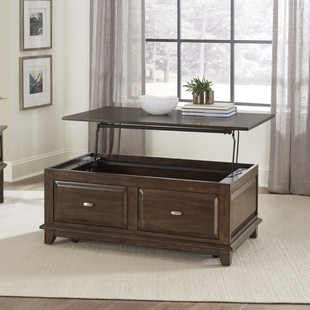 English Elm Transitional Lift Top Coffee Table Birch Veneer Cherry Finish with Two Storage Drawers B011P459303