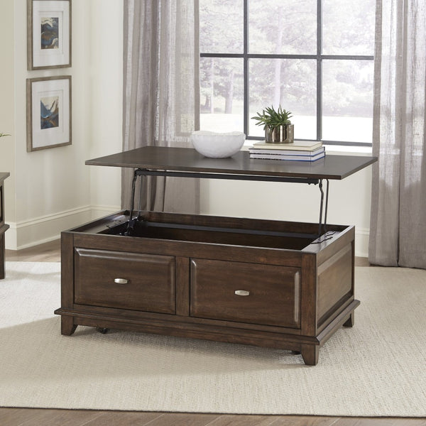 English Elm Transitional Lift Top Coffee Table Birch Veneer Cherry Finish with Two Storage Drawers B011P459303