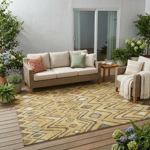 5 X 8 Gold Green Geometric Polyester Area Rug Stain Resistant for Indoor Outdoor