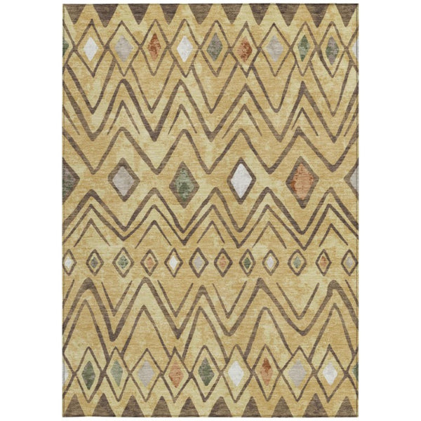 5 X 8 Gold Green Geometric Polyester Area Rug Stain Resistant for Indoor Outdoor