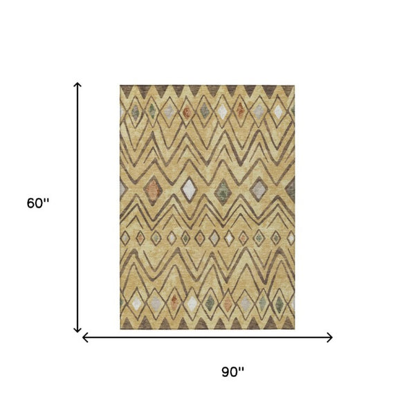 5 X 8 Gold Green Geometric Polyester Area Rug Stain Resistant for Indoor Outdoor