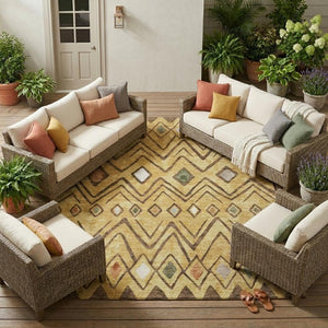 9 X 12 Gold Green Geometric Polyester Area Rug Washable for Indoor Outdoor Use