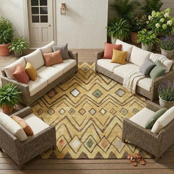 9 X 12 Gold Green Geometric Polyester Area Rug Washable for Indoor Outdoor Use
