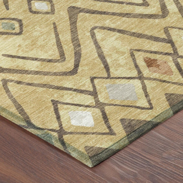 9 X 12 Gold Green Geometric Polyester Area Rug Washable for Indoor Outdoor Use