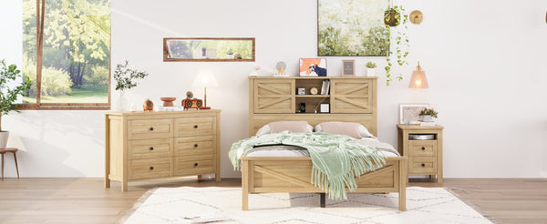 English Elm 3-Pieces Bedroom Set Full Size Farmhouse Platform Bed with Storage Headboard, Nightstand & Dresser Natural 59.25 L x 18.31 W x 8.27 H N733S369048M
