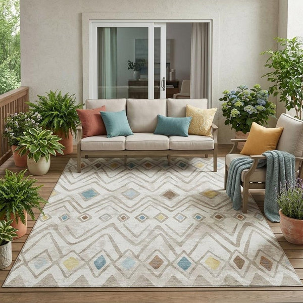5 X 8 Ivory Brown Geometric Polyester Area Rug Washable Stain Resistant Indoor Outdoor