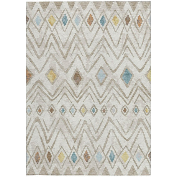 5 X 8 Ivory Brown Geometric Polyester Area Rug Washable Stain Resistant Indoor Outdoor