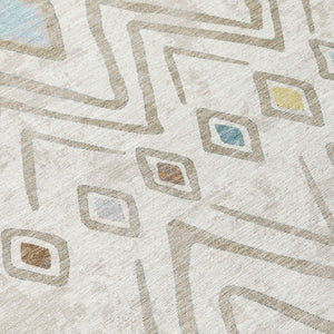 5 X 8 Ivory Brown Geometric Polyester Area Rug Washable Stain Resistant Indoor Outdoor
