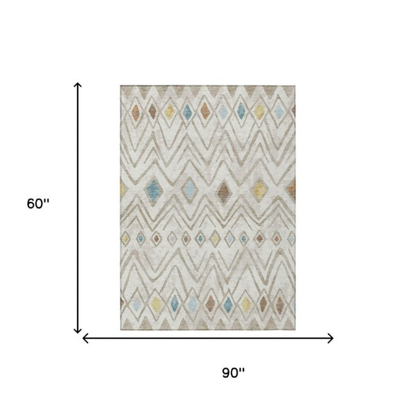 5 X 8 Ivory Brown Geometric Polyester Area Rug Washable Stain Resistant Indoor Outdoor
