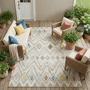 9 X 12 Ivory Brown Geometric Polyester Washable Rug for Patio Porch or Living Room
