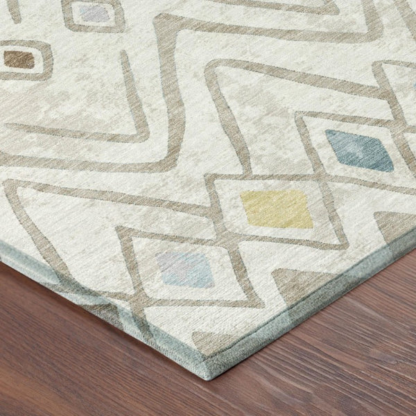 9 X 12 Ivory Brown Geometric Polyester Washable Rug for Patio Porch or Living Room