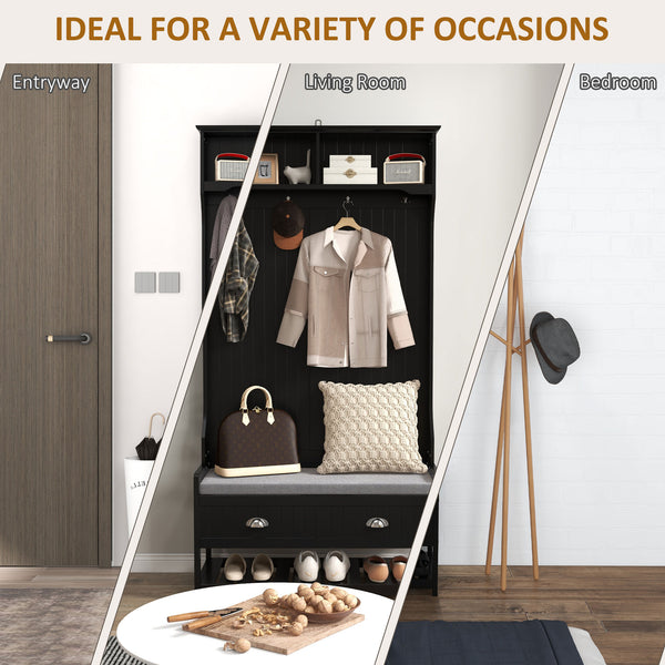 English Elm HOMCOM Entryway Hall Tree with Bench and 5 Double Hooks, Shoe Storage, Anti-Tip Mudroom Organizer Black W2225P249586