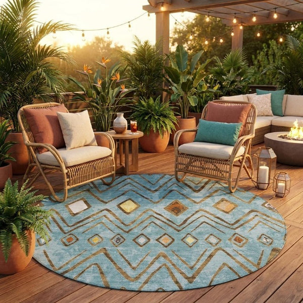 8 Ft Round Geometric Polyester Area Rug Washable Teal Silver Patio or Family Room