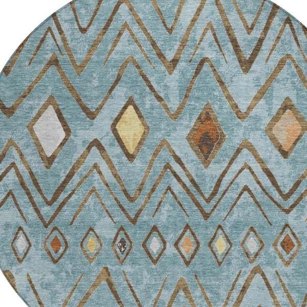 8 Ft Round Geometric Polyester Area Rug Washable Teal Silver Patio or Family Room
