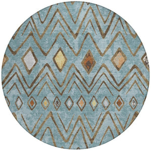 8 Ft Round Geometric Polyester Area Rug Washable Teal Silver Patio or Family Room