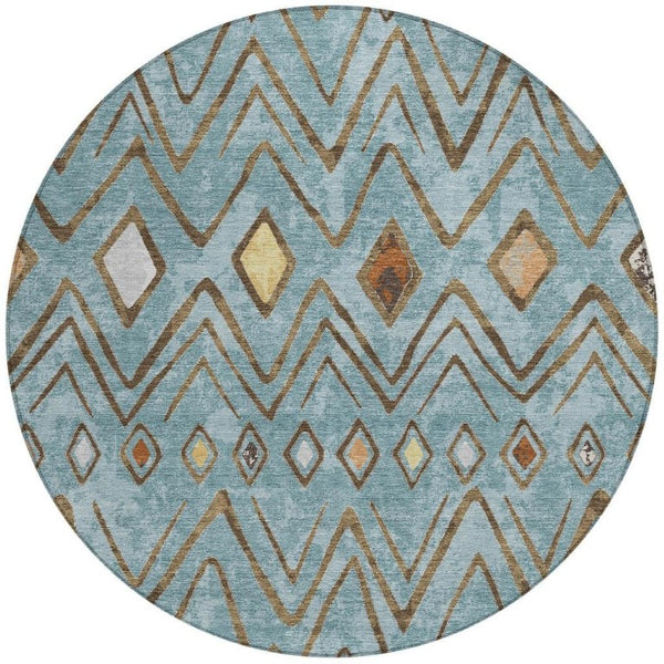 8 Ft Round Geometric Polyester Area Rug Washable Teal Silver Patio or Family Room