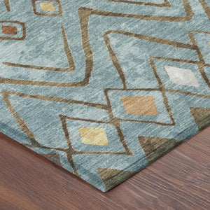 8 Ft Round Geometric Polyester Area Rug Washable Teal Silver Patio or Family Room