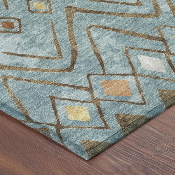 8 Ft Round Geometric Polyester Area Rug Washable Teal Silver Patio or Family Room