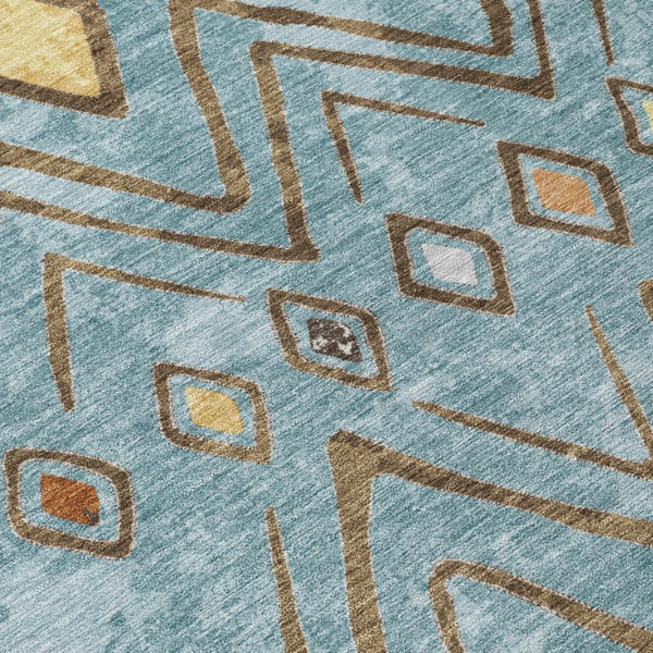 8 Ft Round Geometric Polyester Area Rug Washable Teal Silver Patio or Family Room