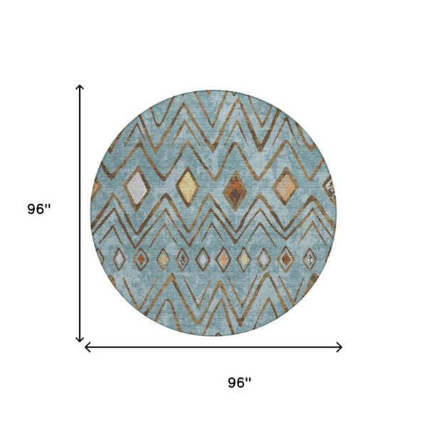 8 Ft Round Geometric Polyester Area Rug Washable Teal Silver Patio or Family Room