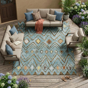 9 X 12 Teal Silver Geometric Polyester Area Rug Washable for Indoor Outdoor Use