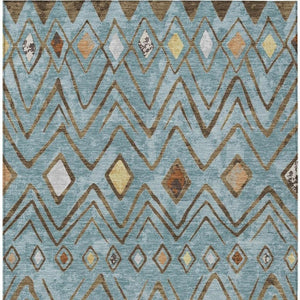 9 X 12 Teal Silver Geometric Polyester Area Rug Washable for Indoor Outdoor Use
