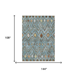 9 X 12 Teal Silver Geometric Polyester Area Rug Washable for Indoor Outdoor Use