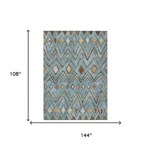 9 X 12 Teal Silver Geometric Polyester Area Rug Washable for Indoor Outdoor Use