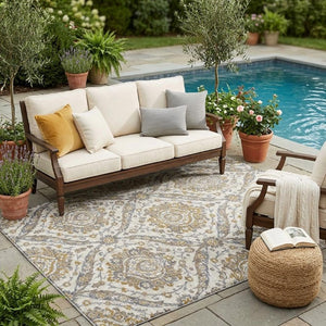 5x8 Beige Blue Floral Polyester Area Rug Washable Stain Resistant Indoor Outdoor