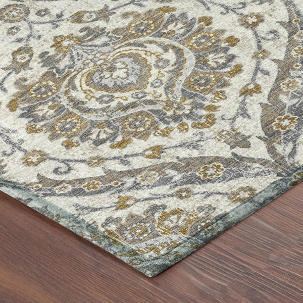 5x8 Beige Blue Floral Polyester Area Rug Washable Stain Resistant Indoor Outdoor